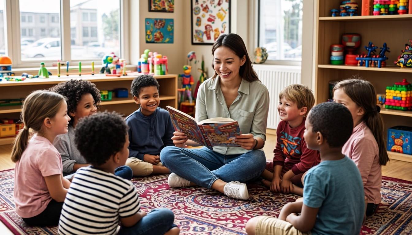 A teacher reading a storybook to a circle of young children