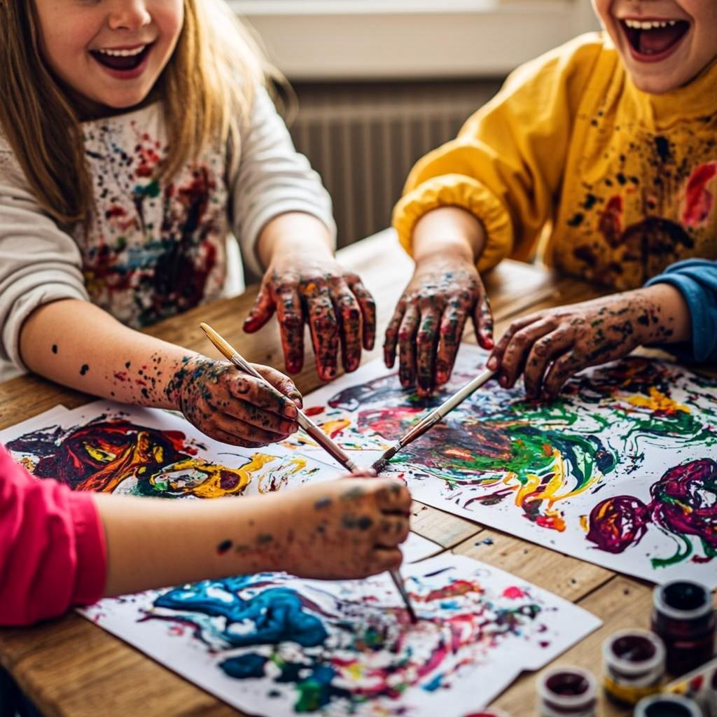 Children painting with bright colors