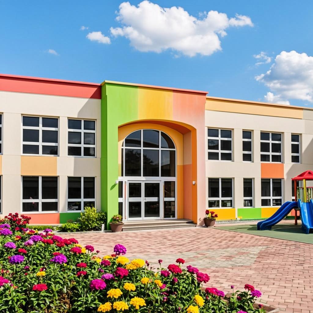 The cheerful exterior of Wisdom School with a garden and small playground