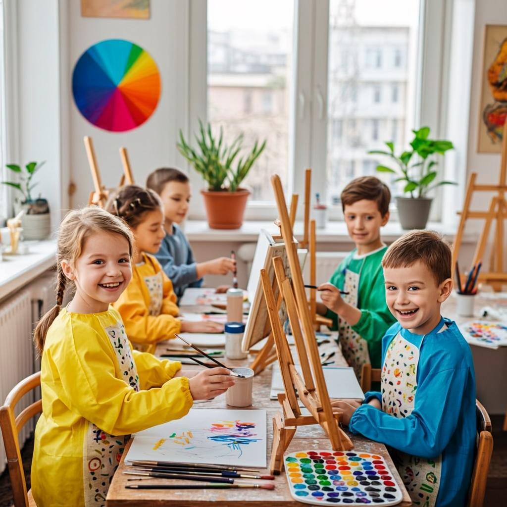 Nursery children painting at easels