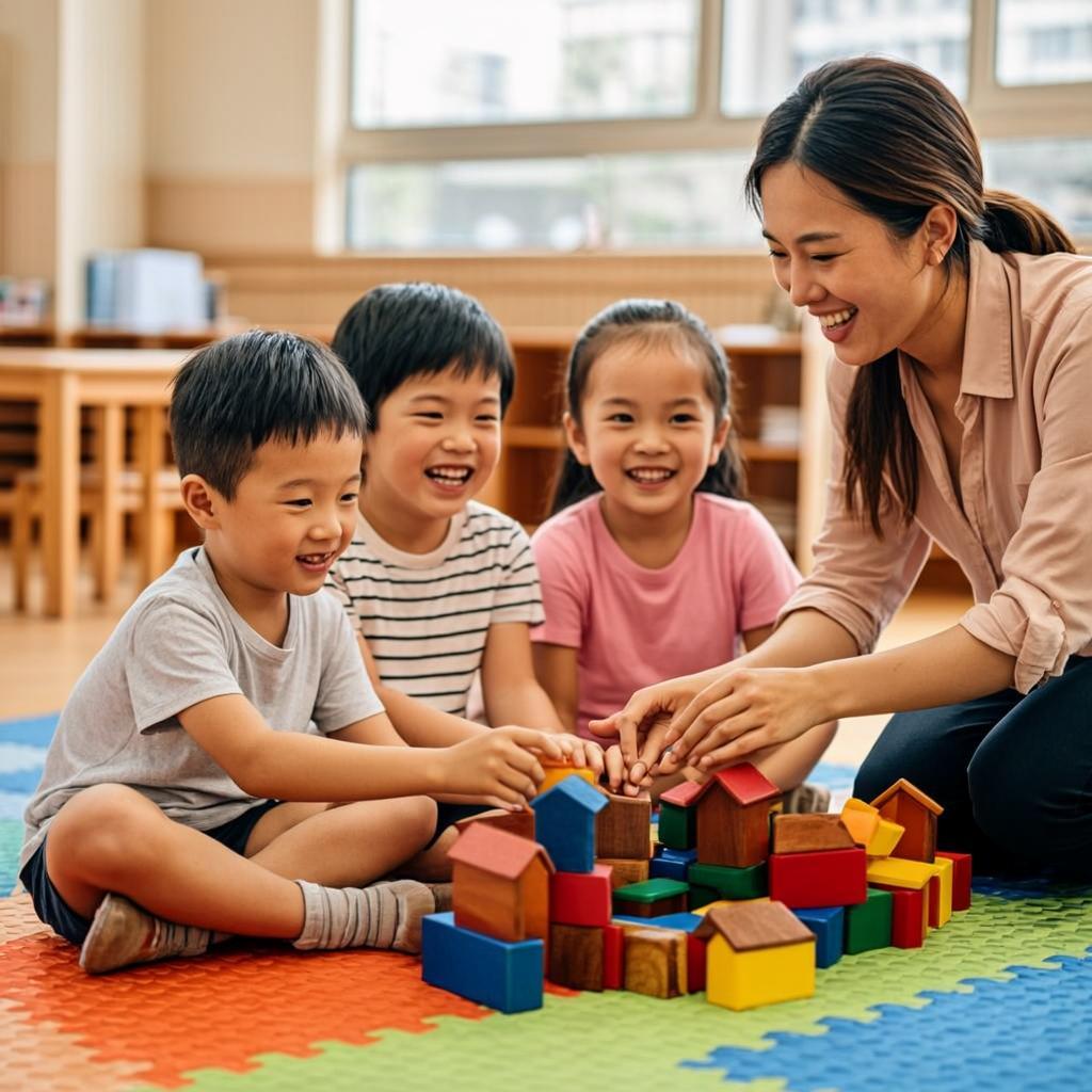 Toddlers playing with colorful sensory blocks
