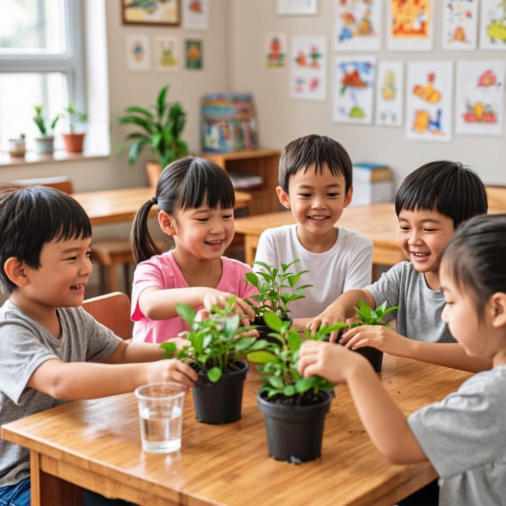 UKG children doing a simple science activity