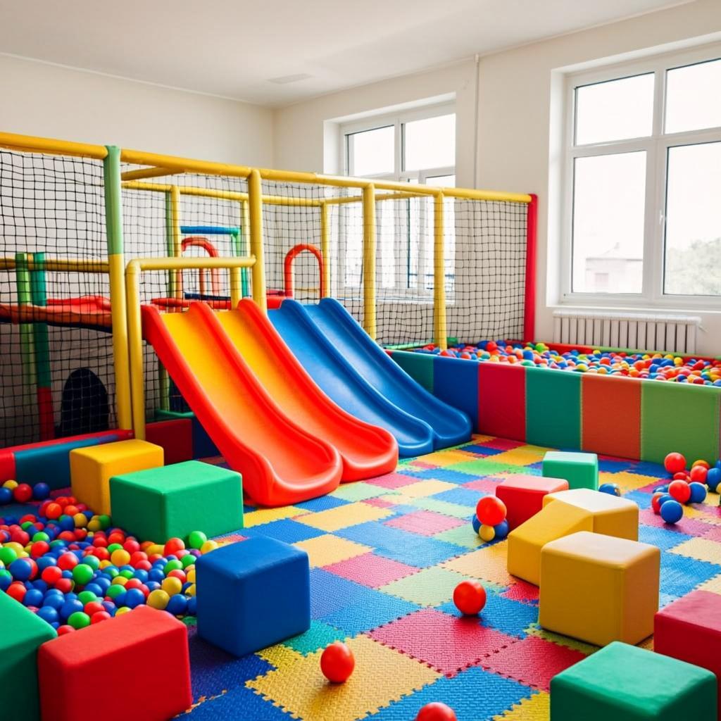 Colorful indoor play area with slide and ball pit
