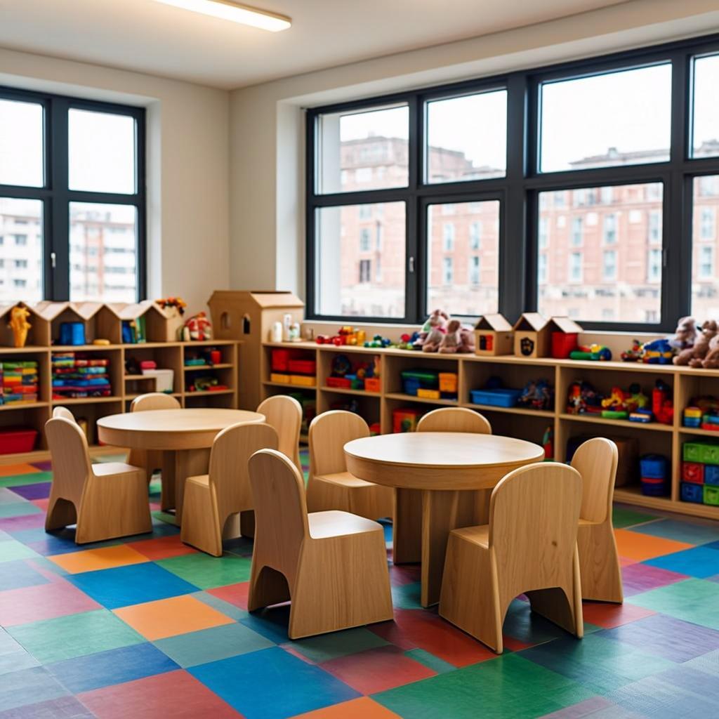 Safe bright kindergarten classroom with rounded childproof furniture