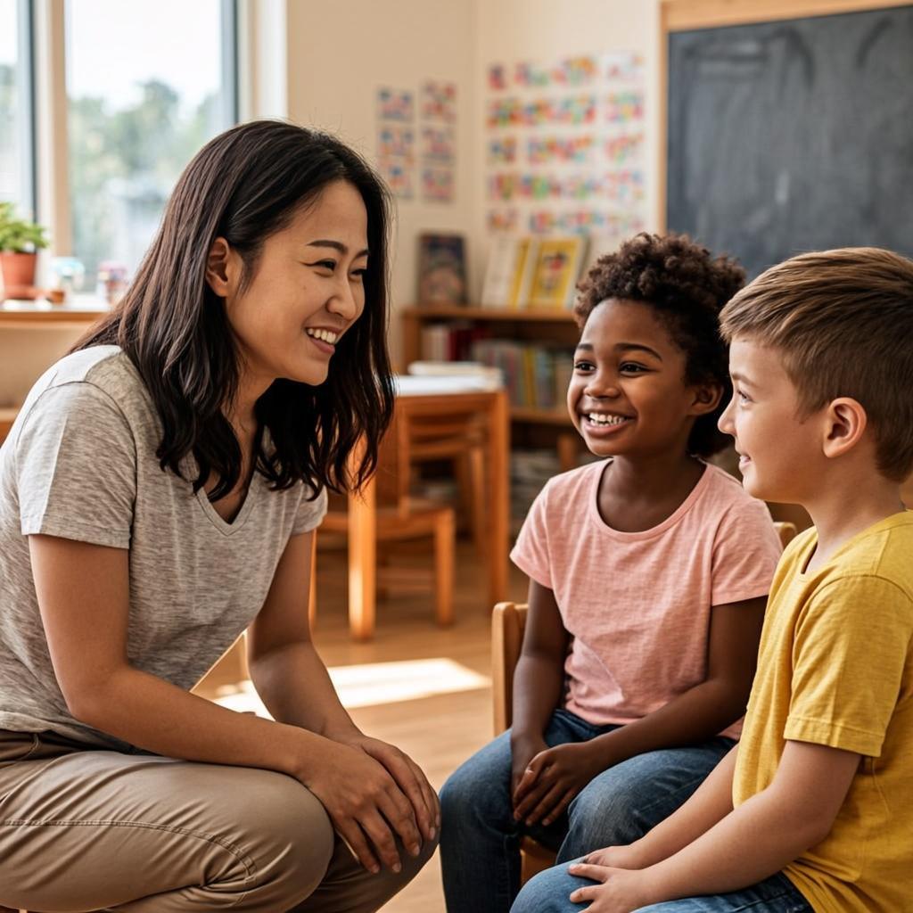 Caring teacher smiling with two small children